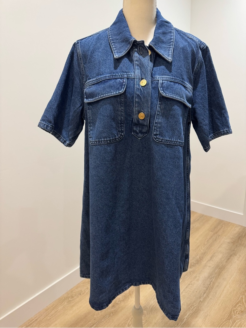 Marks &Spencer Autograph blue denim shirt dress SZ 14 short sleeve pockets NWT